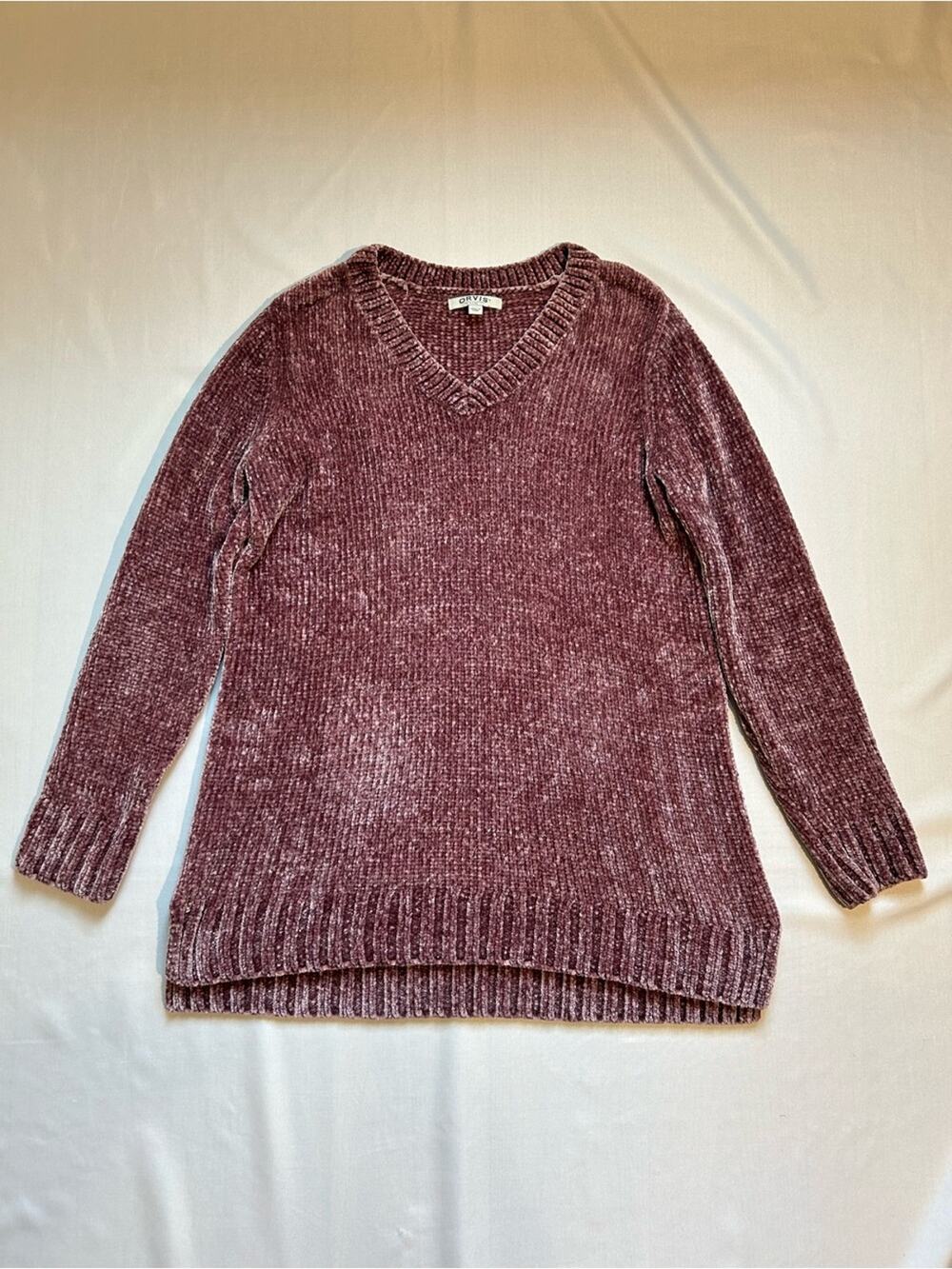 Orvis Chenille Pullover V-Neck Sweater Purple Pink Large